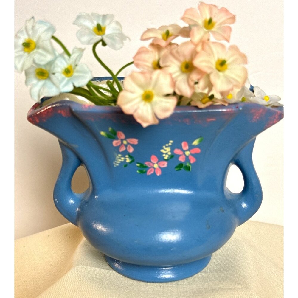 Sweet Handpainted Floral Blue Fan Vase Pottery Vintage Small Cottagecore Retro